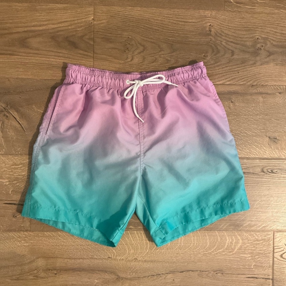 Men’s H&M green, lavender swim trunks with liner, 6” inseam, S